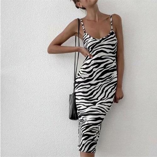 2021 Women Strap Slim Sexy Midi Dress Robe Femme Summer Zebra Stripes Bodycon Dress Elegant Backless Spaghetti Vestido Dresses