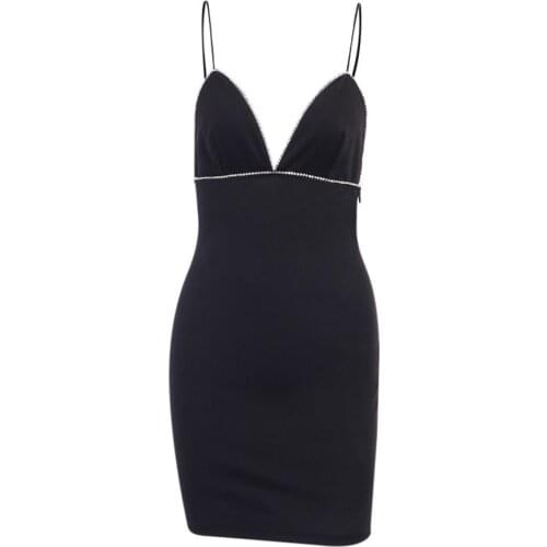 Womens V-neck Dress Female Sexy Backless Diamond Glowing Nightclub Spaghetti Strap Dress Elegant Black