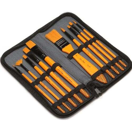 10pcs Yellow Nylon Artist Paint Brush Set Includes Pop-up Carrying Canvas Case for Acrylic Oil Watercolor Gouache Painting