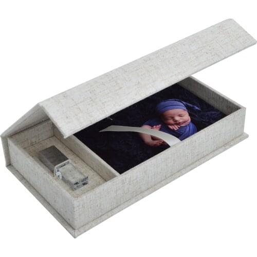 Custom Logo Linen Photo Print Case Box + Crystal Flash Drive