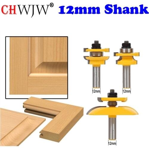 CHWJW 12mm Shank Round Over 3 Bit Raised Panel Cabinet Door Router Bit Set with Back-cutter Panel Raiser