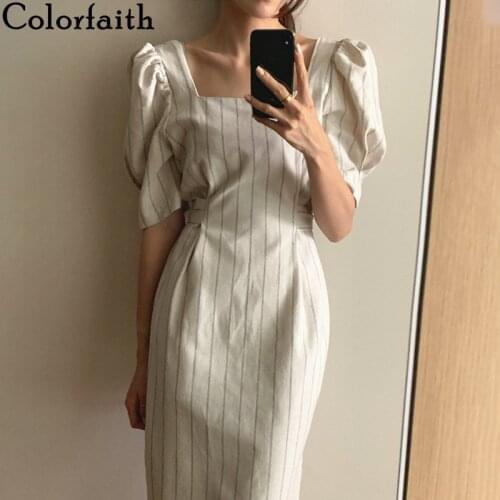 Colorfaith New 2021 Women Summer Dresses Lace Up Vintage Puff Sleeve High Waist Elegant Split Striped Lady Long Dresses DR5854