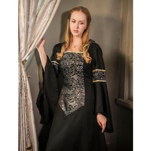 Cosplaydiy Medieval Black Dress Adult Queen Elizabeth Tudor Dress L320