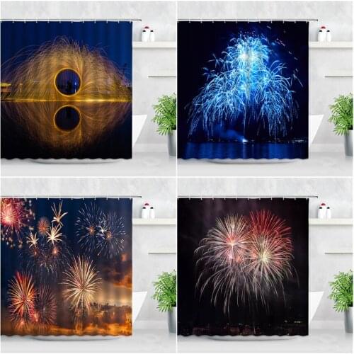 Color Fireworks Shower Curtain Set Modern City Night Scenery 3D Natural Waterproof Polyester Fabric Bathroom Decor Bath Curtains