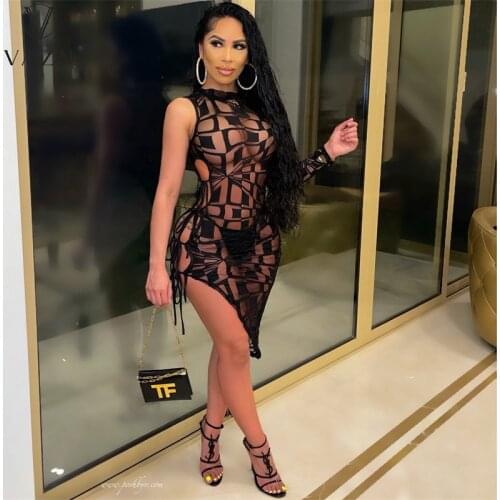 VAZN 2021 Sleeveless See Thought Elegant Mini Party Dresses Sexy Club Birthday Dress Women Elegant Fashion Dress