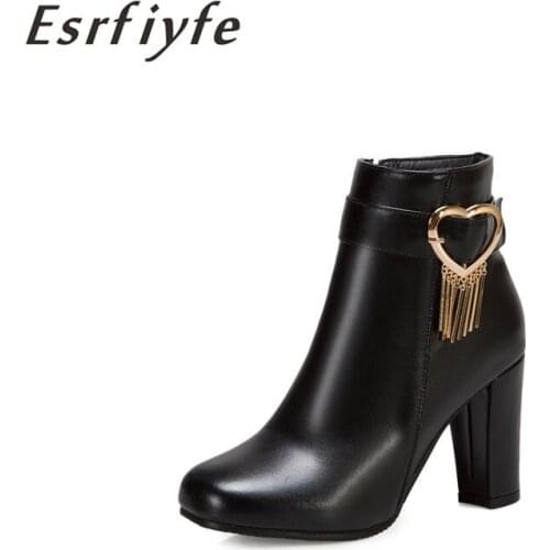 ESRFIYFE 2020 New Leather Ankle Boots Square Toe Boots Rubber Riding Womens Shoes Ladies Chunky High Heel Zipper Winter Boots