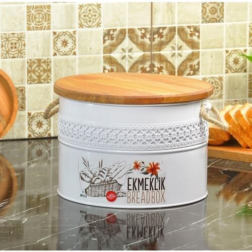 Yildiray Metal Wrought Iron Metal Cap Oval Breadbox Bread Storage Container White