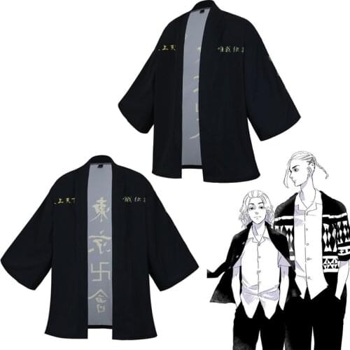 Anime Tokyo Revengers Cosplay Cloak Hanagaki Takemichi Black White Tops for Summer Ken Ryuguji Haori Kimono Short-sleeve Tee Men