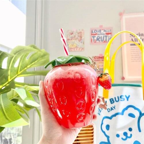 Kawaii Cup Cute Strawberry Water Bottle Lovely Girl Plastic Milk Coffee Bottle Cup Student Portable Travel Kitchen Drinkware