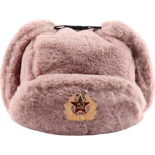 Soviet Army Military Badge Russia Bomber Hats Ear Protection Warm Wool Hat Winter Faux Rabbit Fur Earflap Men Warm Caps Gorras