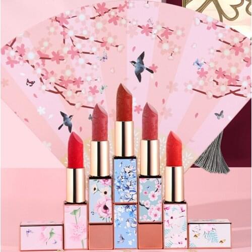 Chinese Style Carved Lipstick Set Peach Blossom Fan Gift Box Lip Cosmetics 5Color Velvet Matte Lipgloss Beauty Lip Stick Kit