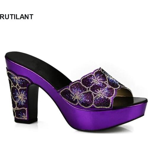 Latest Design Purple Color African Slippers Summer High Heels High Quality African Low Heels Pumps African Women Wedding Shoes
