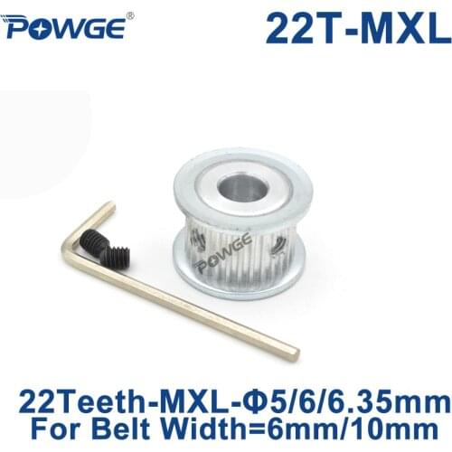 POWGE Inch Trapezoid 22 Teeth MXL Timing pulley Bore 5/6/6.35mm for width 6mm 10mm MXL Synchronous Belt 22-MXL-10 AF 22teeth 22T