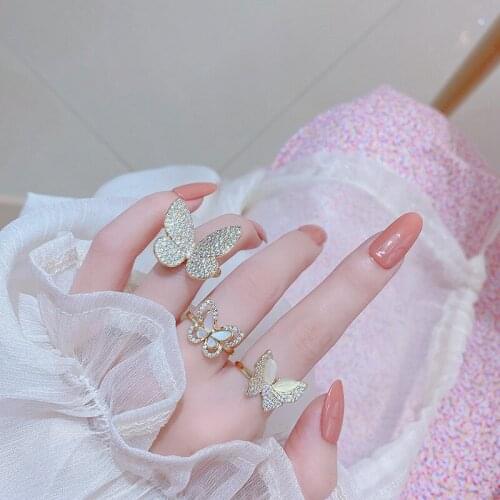 Luxury 14k Real Gold Inlaid AAA Zircon Shiny Butterfly Open Ring Natural Shell Wings Ring Ladies Jewelry Bridal Accessories