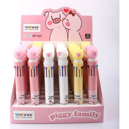 Cartoon Pig 10 Colors Ballpoint Pen 30 Pcs/lot Cute Press Ball Pens School Office Writing Supplies Stationery Gift