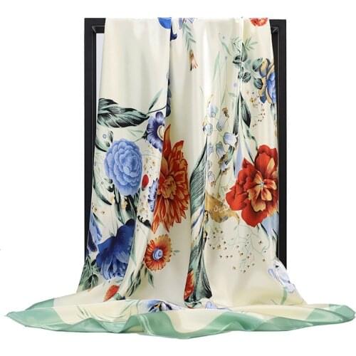 Silk Satin Women Hair Scarf Floral Print Handkerchief Shawls and Wraps Hijab Scarfs Female 90cm Neck Scarves For Lady FJ373