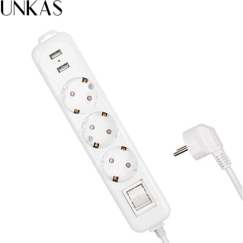 UNKAS Power Strip Dual USB Charge Port 3 AC EU Outlet Socket Extension Plug Button Surge Protector 2M Pure Copper Wire