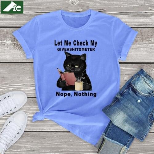 Funny Black Cat Let Me Check My Giveashitometer graphic womens Shirts 100 cotton unisex tees kawaii cat t-shirts vintage clothes