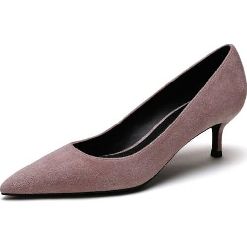 2020 New Kid Suede Leather Med Heels Pointed Toe Women Pumps Concise Luxury Elegant Office Lady Wedding Spring Shoes M0026