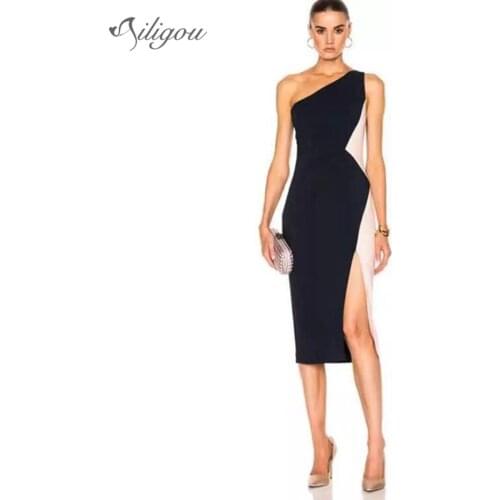 Ailigou 2020 New WomenS Stitching Bandage Dress Celebrity Party Sexy Bodycon Dress One Shoulder Sleeveless Split Dress Vestidos