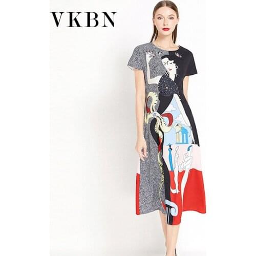 VKBN 2021 Spring and Summer News Dresses Woman Party Night Abstract Figure Print with Diamonds Party Dress