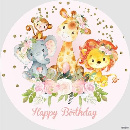 Animals Zibra Lion Elephant Birthday Party Background for Photo Studio Cartoon Woodland Round Circle Backdrop