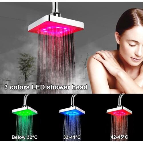 3 colors Temperature Sensor No Batteries Rainfall Top Spray Square Fixed Showerhead LED Shower Head 7 Colors Gradual Changing