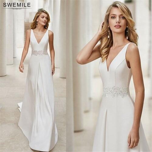 White Simple Satin Lace Wedding Dresses Elegant V Neck Tank Sleeves Bridal Gown Princess Party Dress Bride To Be Short Tail