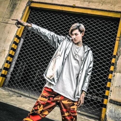 Four Seasons Hooded Pullover Coat Men Streetwear Hip Hop Casual Golden Bright Silver Leather Jacket Outerwear