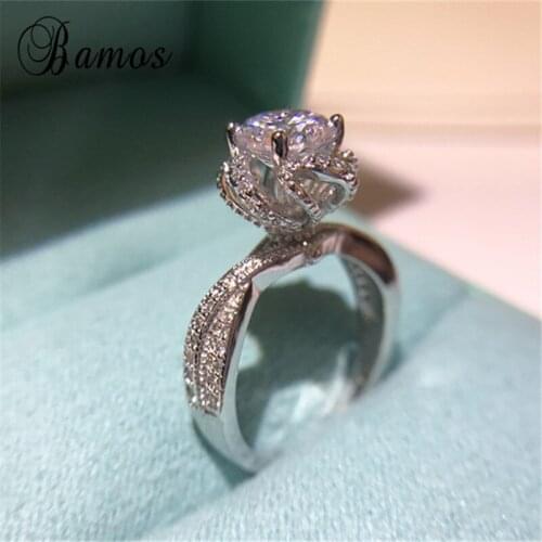 Bamos Vintage White Gold Filled Flower Ring Luxury Cubic Zirconia Solitaire Ring Wedding Bands For Women Fashion Crystal Jewelry