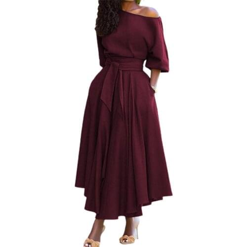 Summer Women Dress Oblique Shoulder Dress Comfortable Lace-up Solid Color Tie Waist Belt Dress Wedding Party Vestidos