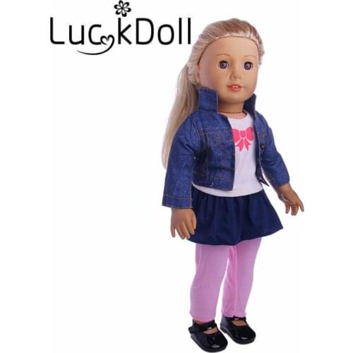 LUCKDOLL Denim LongSleeved Jacket+T-Shirt+Dress Blue Skirt+Pants Fit 18 Inch American43CM BabyDoll Clothes Accessories,Girl Gift