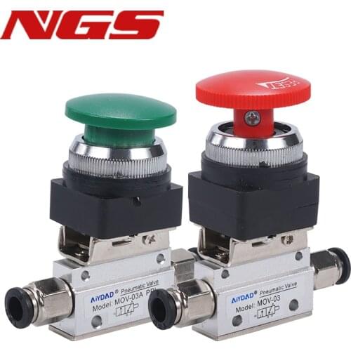 MOV-03APPL 1/8" PT Thread Mushroom Cap Emergency Stop Button Self Lock 2 Position 3 Way Air Pneumatic Mechanical Valve w Fitting
