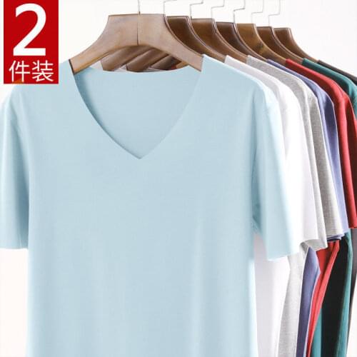 2 Pieces mens Sleeveless Ice Silk T-shirt Summer Tees v-neck Wuhen Non-marking Vest Sports Fitness Plus Size Bottoming Shirt