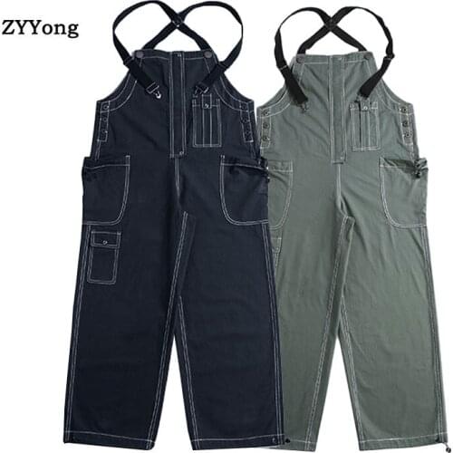 2020 New Fashion Mens Bib Overalls Loose Pant Navy Blue Solid Color Casual Japan Style Man Army Green Jumpsuits Rompers