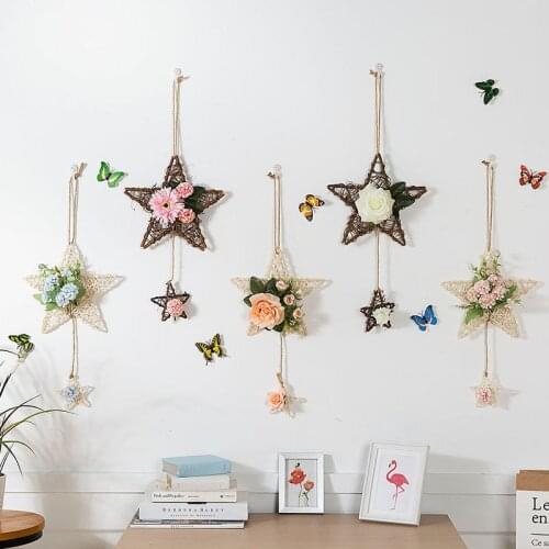 Pentagram Rattan Simulated Flower Ring Wall Hanging Fake Flowers Pendant Hanger Basket Living Room Bedroom Home Wall Decoration
