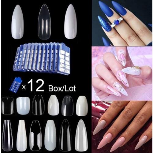 Wholesale 12 Sets/Lot 100 Pieces Per Box Almond Stiletto Fake Nail Tips Long Length False Nail Tips 10 Size Nail Manicure