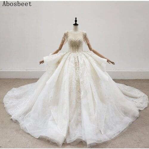 Half Sleeve Pearls Top Wedding Dress Plus Size 2021 Embroidery Lace Buttom Puffy Gown Robe Mariee Ivory Dresses 150CM Train