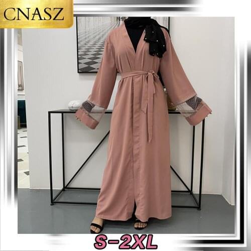 2020 Latest Plain Simple Front Open Solid Color Design Kimono Cardigan Islamic Lace Clothing Muslim Women Dubai Abaya