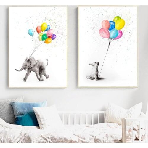 Nordic Baby Animals Canvas Paintings Nursery Multicoloured Balloon Art Poster Dog Elephant Print Wall Pictures Kids Room Decor