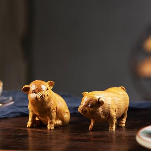 Boxwood 8cm Pig Sculpture Wood Animal Chinese Zodiac Piggy Statue Lucky Home Decor