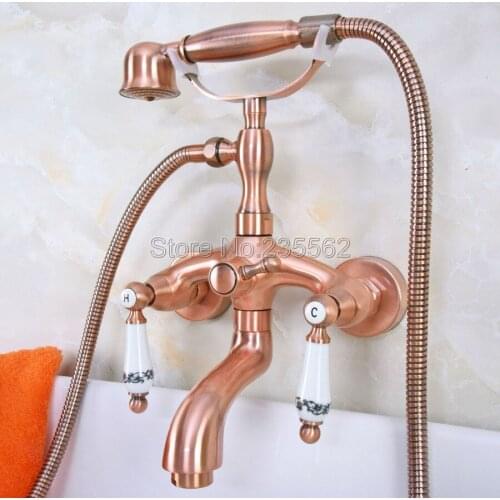 Bathtub Faucets Antique Red Copper Bathroom Mixer Tap Wall Mount Hand Held Shower Head Kit Shower Faucet Set Lna313