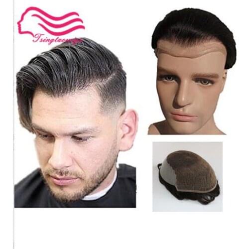 TsingtaowigHuman Hair Durable Hairpieces Lace Thin PU Replacement System For Men Toupees Human Hair Hairpieces Lace & PU Q6base