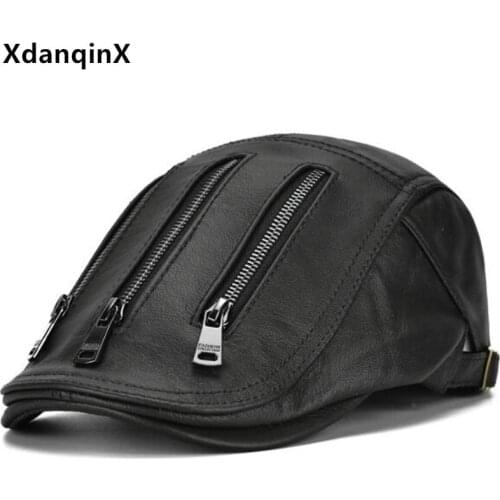 XdanqinX Novelty Natural Cowhide Leather Cap Mens Beret Adjustable Size Spring Men Personality Headdress Decoration Leather Hat