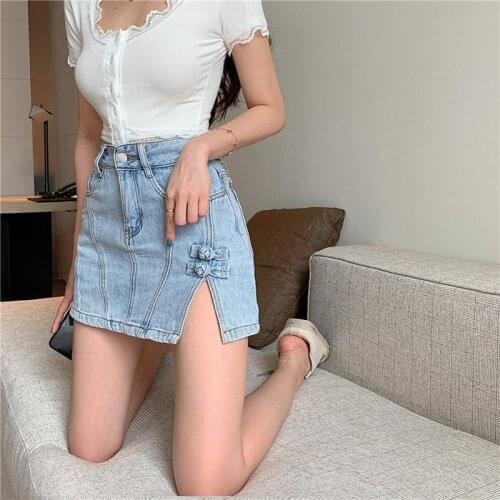Women Summer 2021 Sexy High Waist A-line Side Slit Mini Denim Skirt New Korean Style All-match Solid Color Casual Women Clothing