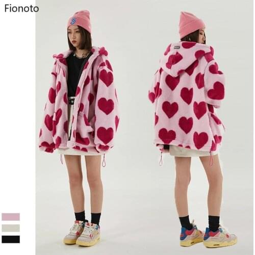 Hip Hop Flannel Parkas Lambswool Hoodie Jackets Women Streetwear Full Print Heart Winter Harajuku Sherpa Zipper Coat Oversize