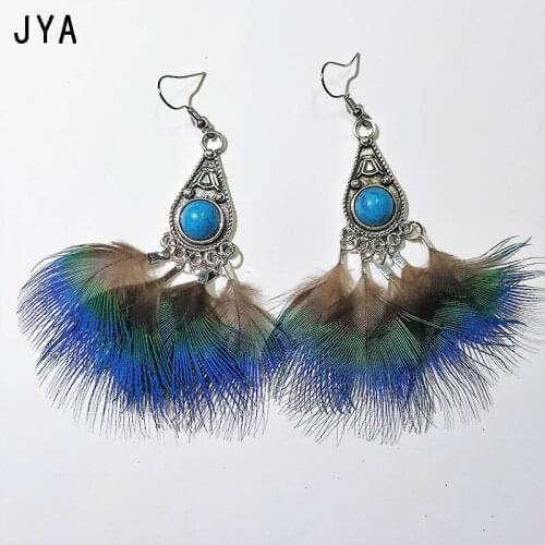 JYA New Big Nature Feather Earrings for Women Blue Boho Drop Long Statement Earrings Fashion Jewelry Female Ear Drops 2019