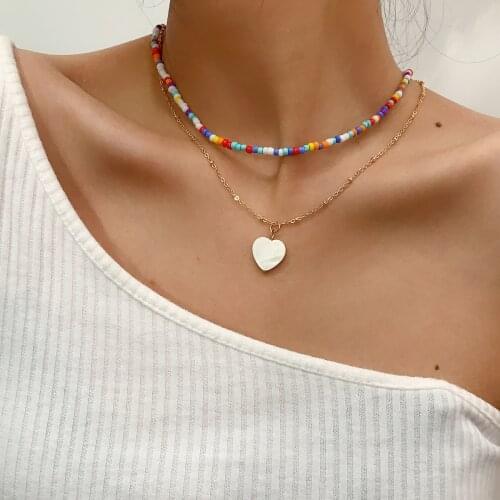 AENSOA Fashion Turkish Shell Heart Pendant Multilayer Necklaces for Women Bohemian Vintage Necklaces Choker Beaded Party Jewelry