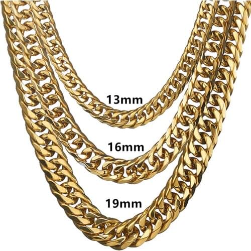 Granny Chic High Quality Width 13/16/19mm Stainless Steel Gold Cuban Chain Waterproof Men Woman Curb Link Necklace Various Sizes