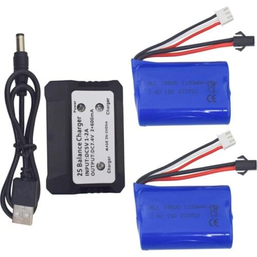 2pcs 2S 7.4V 1100mah 15C 18500 Lipo Battery SM Plug w 2in1 Balance Charger for H102 2.4G RC Remote Control Boat Spare Parts